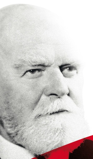 schwarz-weiß Portrait, Theodor Körner ist in späteren Jahren abgebildet, er trägt eine Glatze und einen weißen Vollbart. Die rechte untere Ecke des Bildes ist rot eingefärbt. © Theodor Körner Fonds